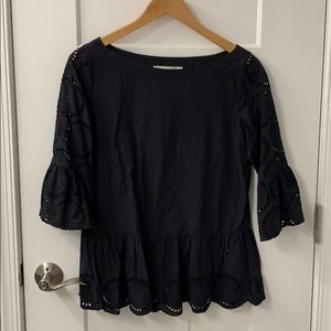 LOFT Black Cotton Peplum Top with Eyelet Sleeves